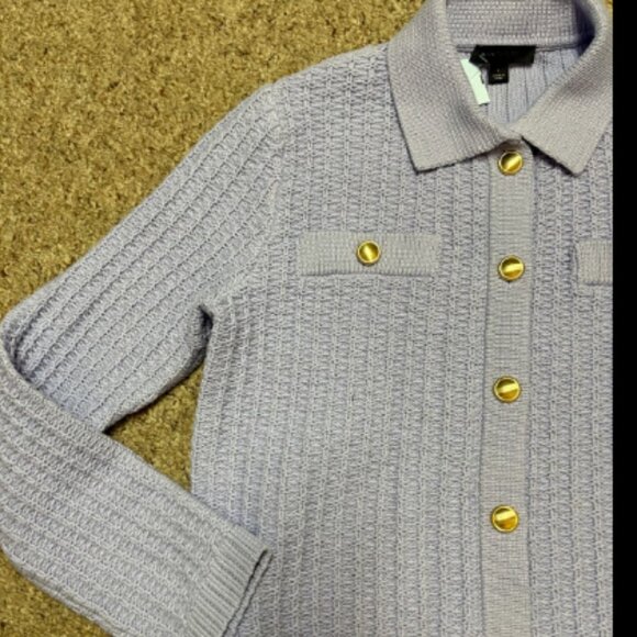 ANN TAYLOR LILAC BUD STITCHED COLLARED BUTTON SWEATER JACKET GOLD BUTTON $149 L - Picture 5 of 8